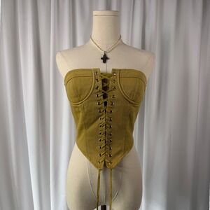 Lioness Mustard Yellow Denim Lace Up Corset Top Strapless Bustier Small